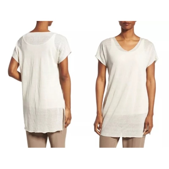 238.00 NWT Eileen Fisher Fine Organic Linen Crepe V-neck Tunic Bone - Picture 3 of 5